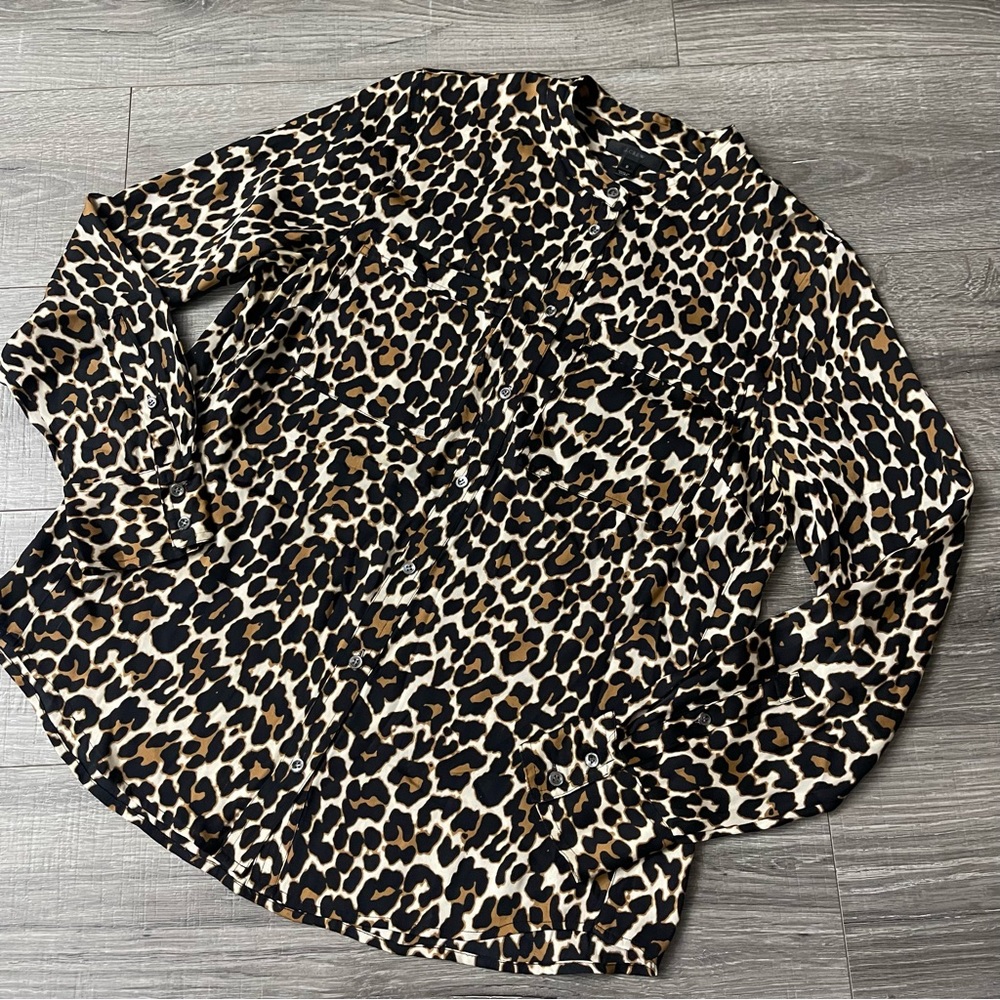J Crew Leopard Silk Blend Button Blouse Top Size 8